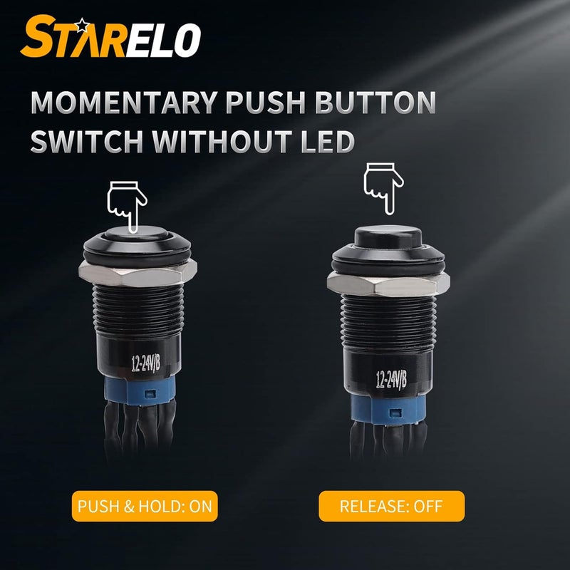 STARELO 5pcs 12mm Momentary led Push Button Switch Black Shell with pre-Wiring, IP65 Waterproof Push Button Switch,1NO 1 Normally,Self-resetting with LED(Blue). - Image 5